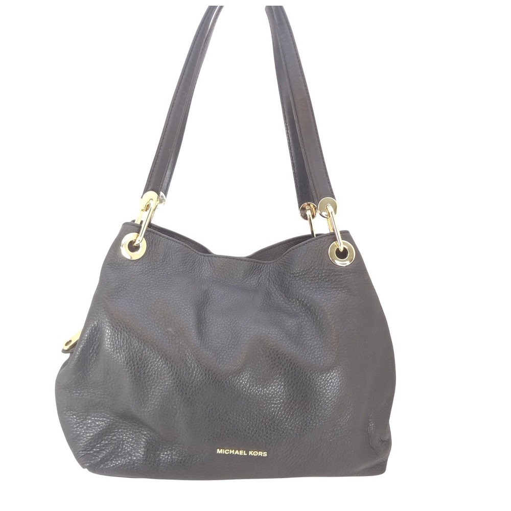 Michael Kors Raven Shoulder Bag Large Black Excellent Pebbled Leather Gold Logo
